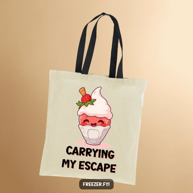 Funny tote bag showing a giggling strawberry escaping an ice cream scoop, a humorous and practical bag choice.
