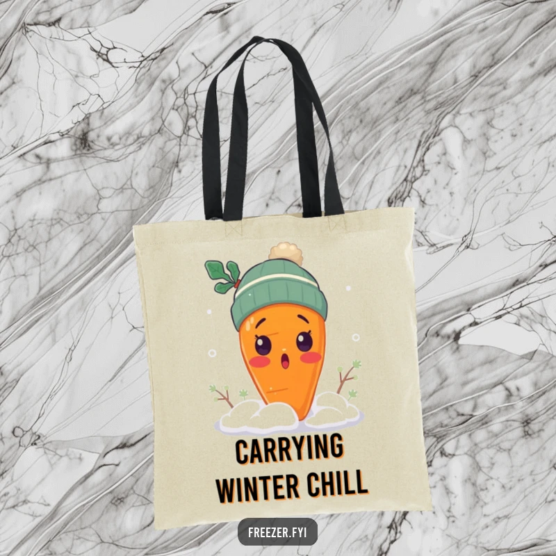 Funny surprised carrot tote bag with a carrot wearing a tiny winter hat, shivering in snow, wintry accessory gift.