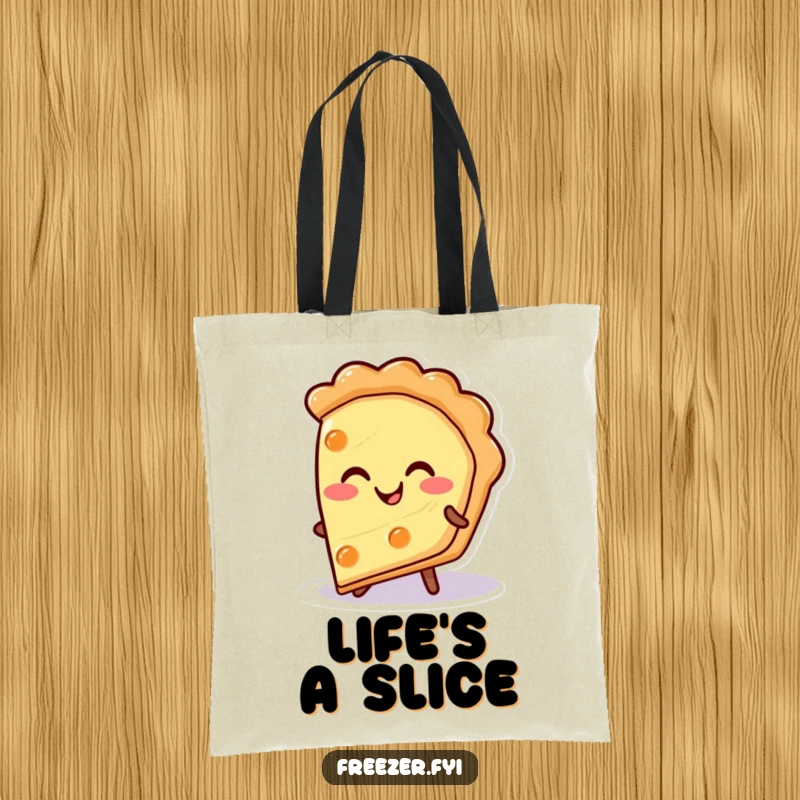 Funny pie slice tote bag featuring a happy character smiling warmly from a cold surface, a durable and humorous carry-all gift.
