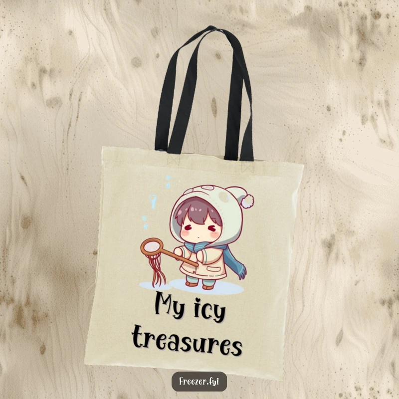 Funny tote bag showing a character playfully trying to catch falling icicles with a small net, great for carrying items with winter humor.