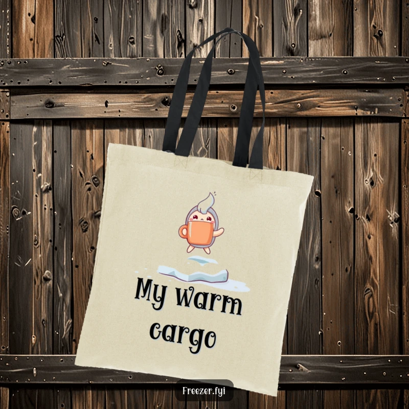 Funny tote bag showing a character with a steaming mug hopping excitedly on a frosty surface, great for carrying items with winter humor.