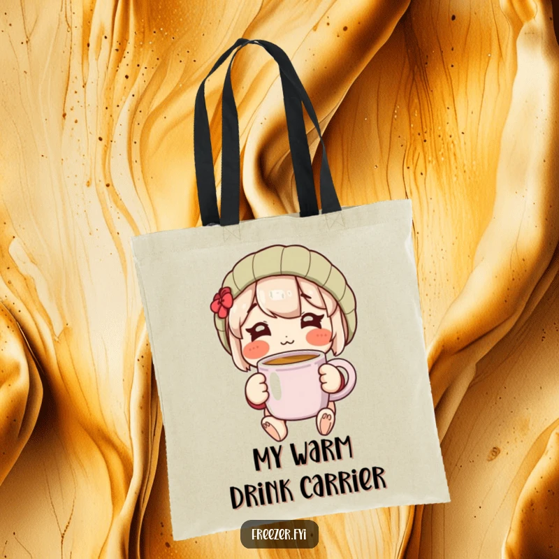 Funny tote bag featuring a rosy-cheeked character happily holding a warm mug, perfect for carrying essentials with cheerful warmth.