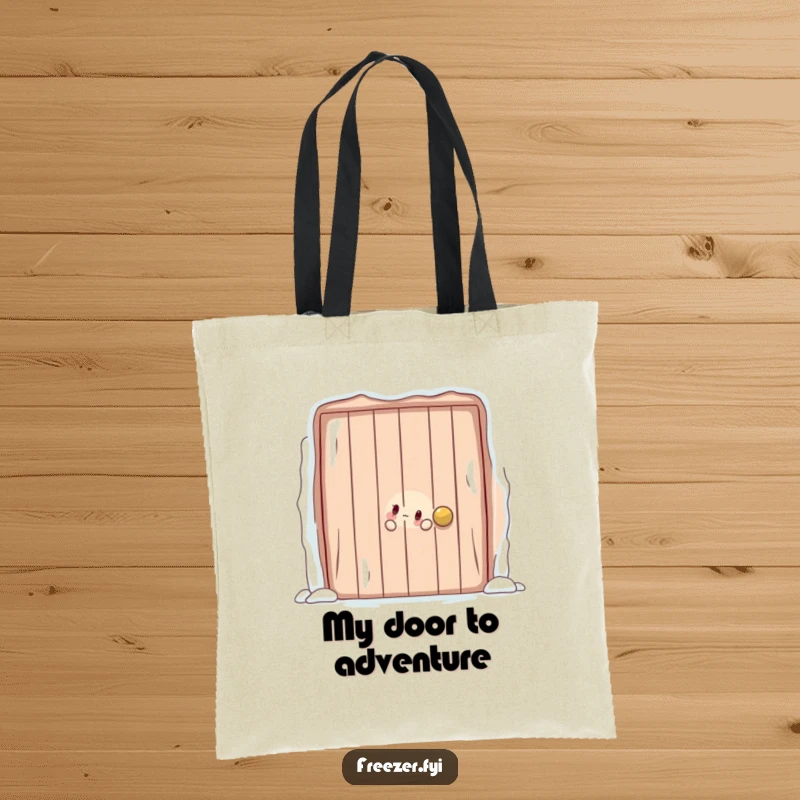 Funny tote bag depicting a character playfully peeking out from behind a large, frosty door, perfect for carrying essentials with a mysterious flair.