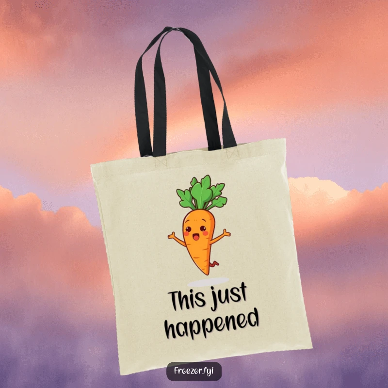 Funny tote bag illustrated with a cheerful carrot stick character doing a surprised little jump, ideal for carrying items with playful flair.
