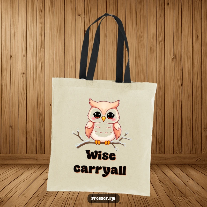 Funny owl tote bag featuring a charming owl smiling on a snowy branch, perfect for carrying essentials with humor.